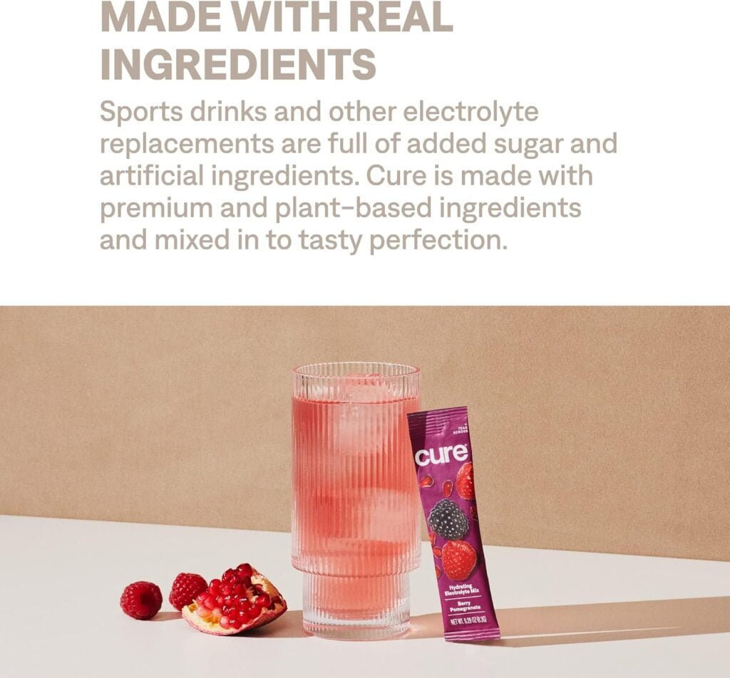 Cure Hydrating Electrolyte Mix | Powder for Dehydration Relief | FSA  HSA Eligible | Made with Coconut Water | No Added Sugar | Vegan | Paleo Friendly | Box of 8 Packets - Berry Pomegranate
