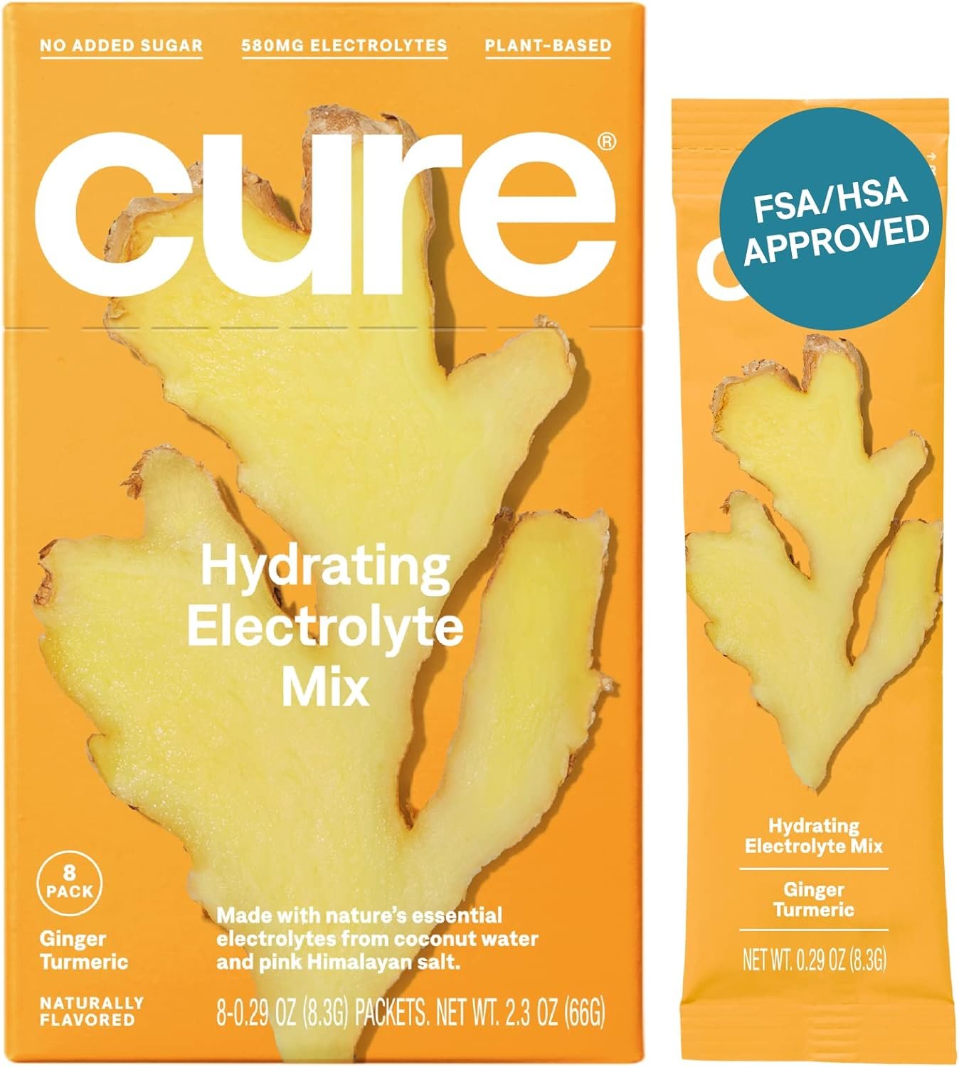 Cure Hydrating Electrolyte Mix | Powder for Dehydration Relief | FSA  HSA Eligible | Made with Coconut Water | No Added Sugar | Vegan | Paleo Friendly | Pouch of 14 Packets - Ginger Turmeric