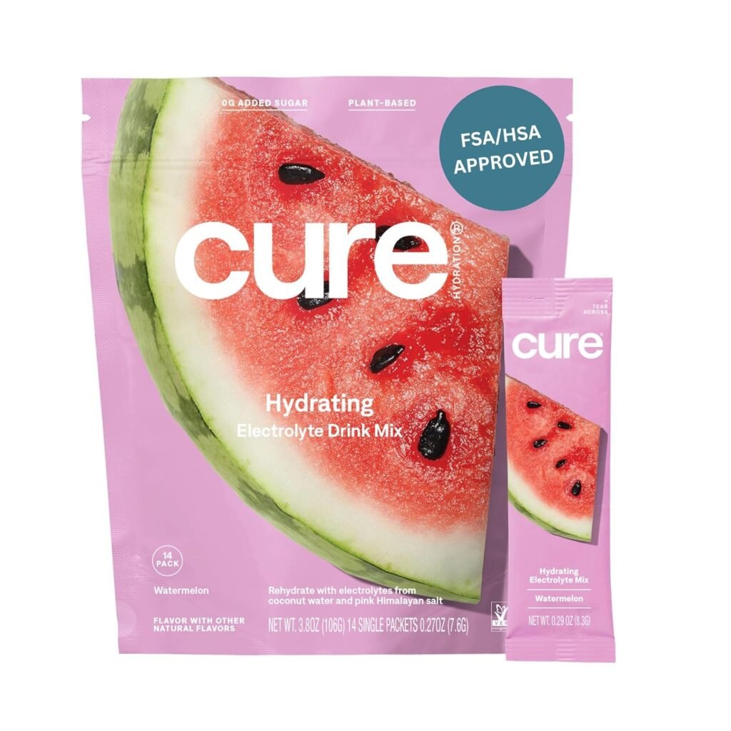 Cure Hydrating Electrolyte Mix | Powder for Dehydration Relief | FSA  HSA Eligible | Made with Coconut Water | No Added Sugar | Vegan | Paleo Friendly | Pouch of 14 Packets - Watermelon Flavor