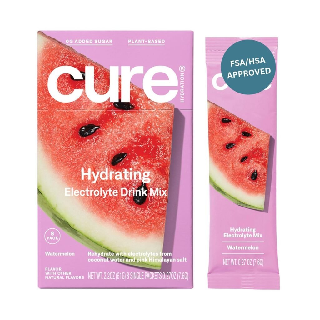 Cure Hydrating Electrolyte Mix | Powder for Dehydration Relief | FSA  HSA Eligible | Made with Coconut Water | No Added Sugar | Vegan | Paleo Friendly | Pouch of 14 Packets - Watermelon Flavor