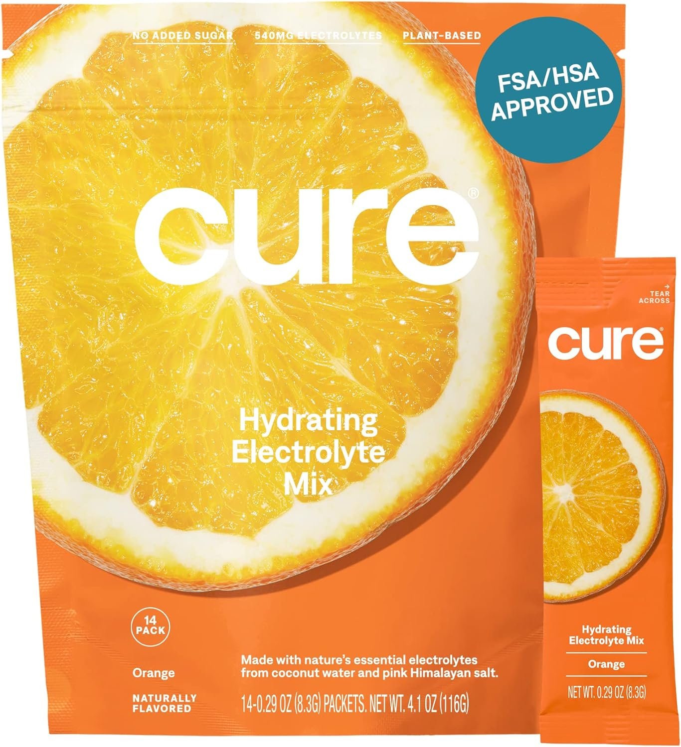 Cure Hydrating Electrolyte Mix | Powder for Dehydration Relief | FSA  HSA Eligible | Made with Coconut Water | No Added Sugar | Vegan | Paleo Friendly | Pouch of 14 Packets - Orange