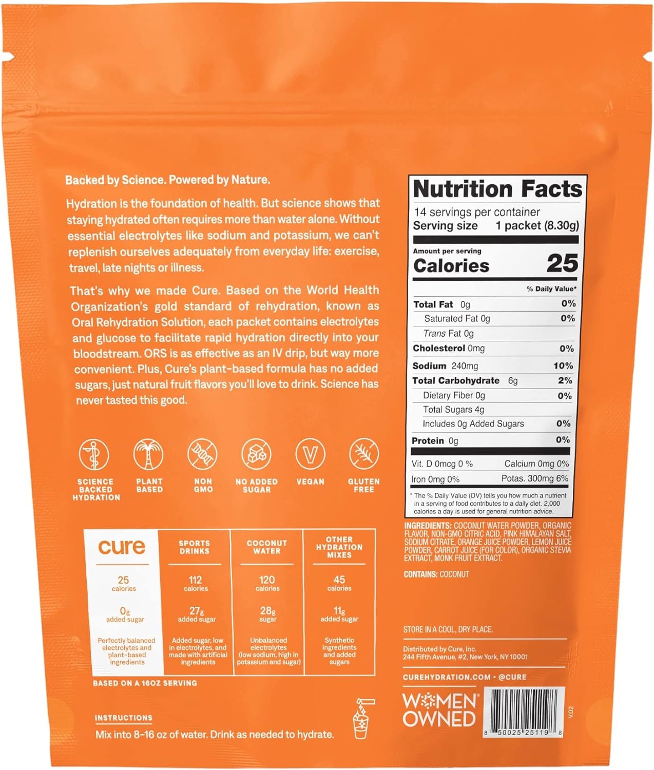 Cure Hydrating Electrolyte Mix | Powder for Dehydration Relief | FSA  HSA Eligible | Made with Coconut Water | No Added Sugar | Vegan | Paleo Friendly | Pouch of 14 Packets - Orange