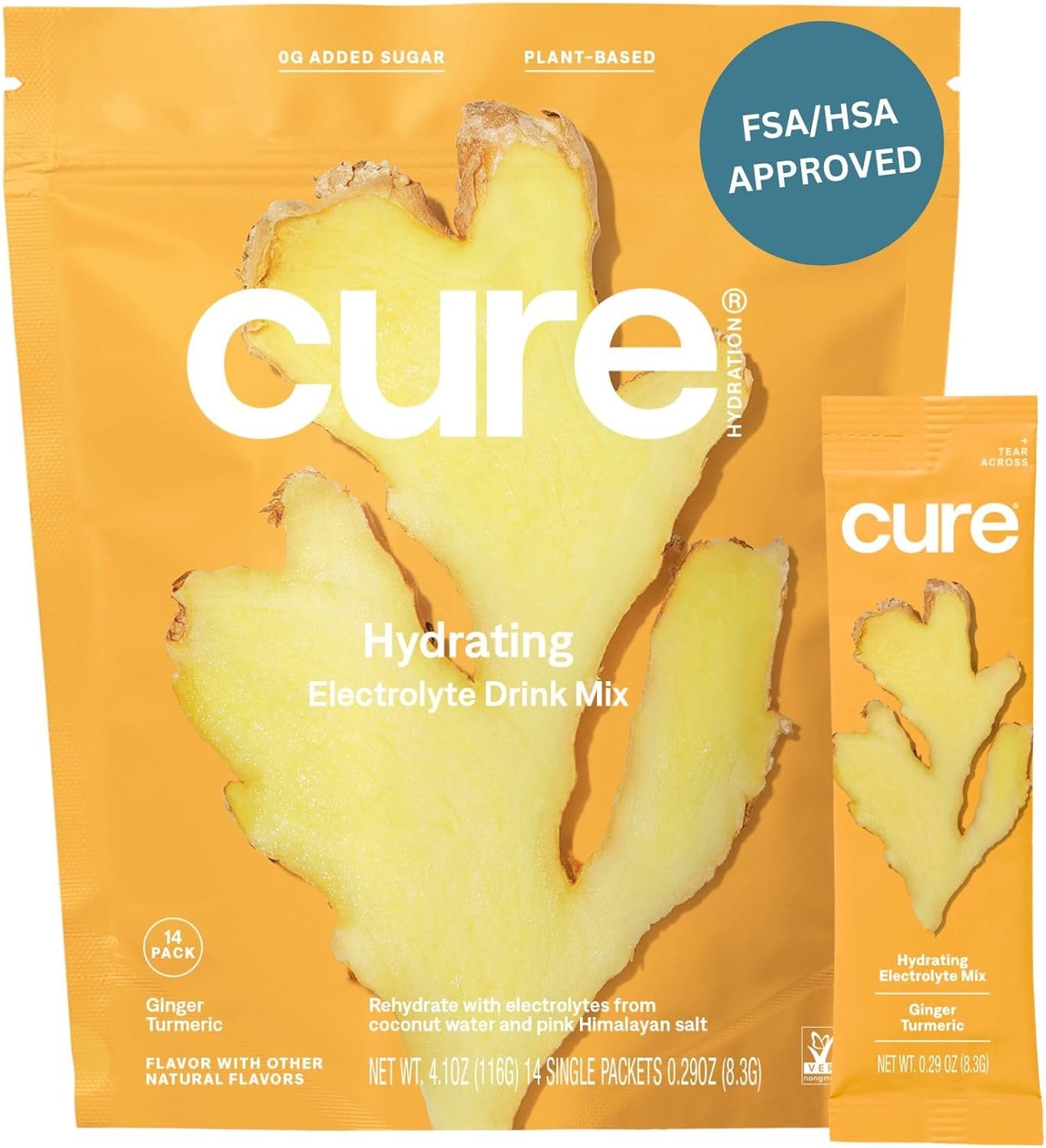 Cure Hydrating Electrolyte Mix | Powder for Dehydration Relief | FSA  HSA Eligible | Made with Coconut Water | No Added Sugar | Vegan | Paleo Friendly | Pouch of 14 Packets - Ginger Turmeric
