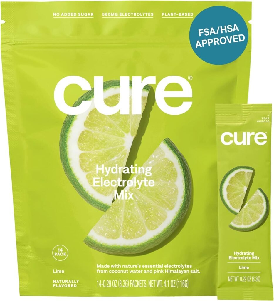 Cure Hydrating Plant Based Electrolyte Mix | FSA  HSA Eligible | Powder for Dehydration Relief | Made with Coconut Water | Non-GMO | No Added Sugar | Vegan | Gluten Free | Pouch of 14 Packets - Lime