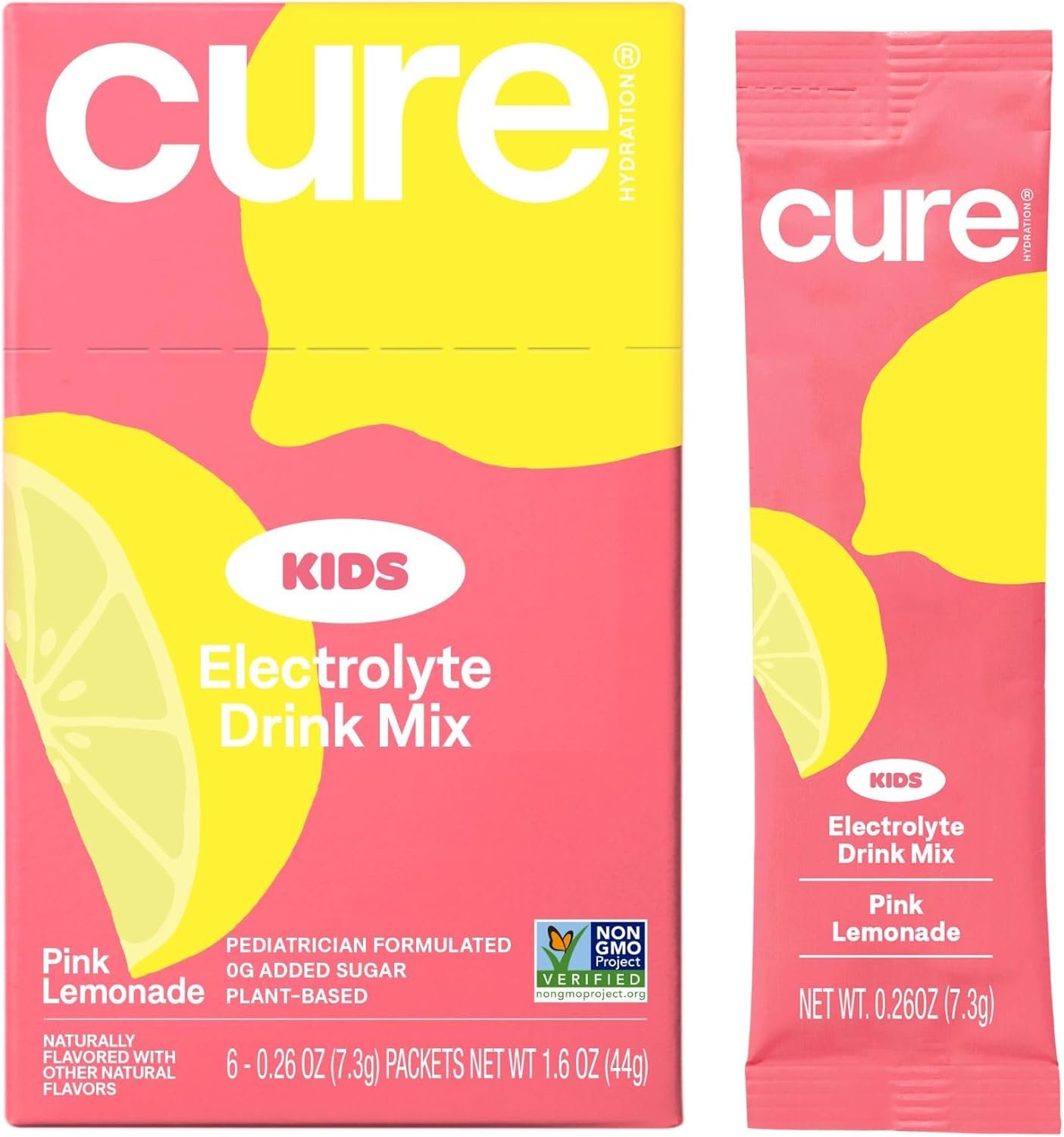Cure Hydration - Kids Electrolyte Drink Mix | Plant-Based Pediatrician Formulated Rehydration Powder | No Added Sugar, Non-GMO, Gluten-Free, No Artificial Flavors | Box of 6 Packets - Pink Lemonade