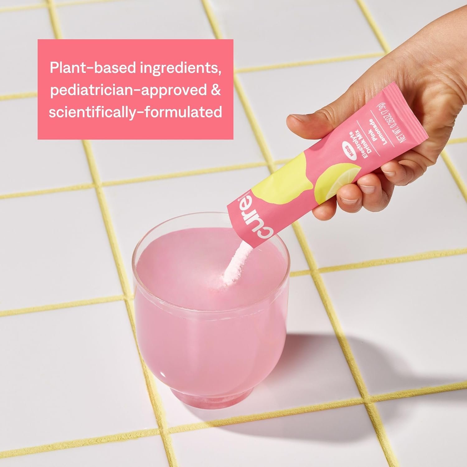 Cure Hydration - Kids Electrolyte Drink Mix | Plant-Based Pediatrician Formulated Rehydration Powder | No Added Sugar, Non-GMO, Gluten-Free, No Artificial Flavors | Box of 6 Packets - Pink Lemonade