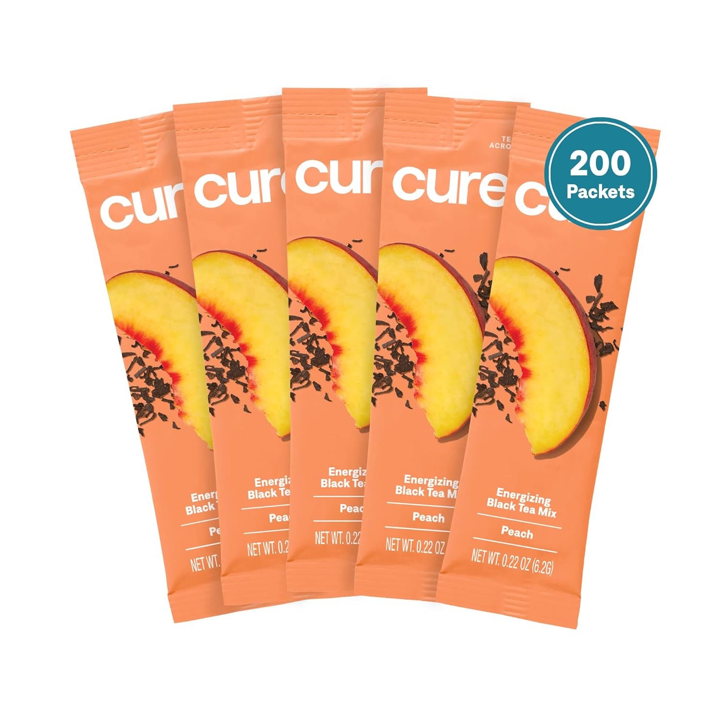Cure Peach Tea Energizing Hydration Mix | Plant Based Electrolytes and Caffeine Mix | Dehydration Aid | Made with Coconut Water | No Added Sugar | Vegan | Non-GMO| Box of 8 Energy Packets - Peach Tea