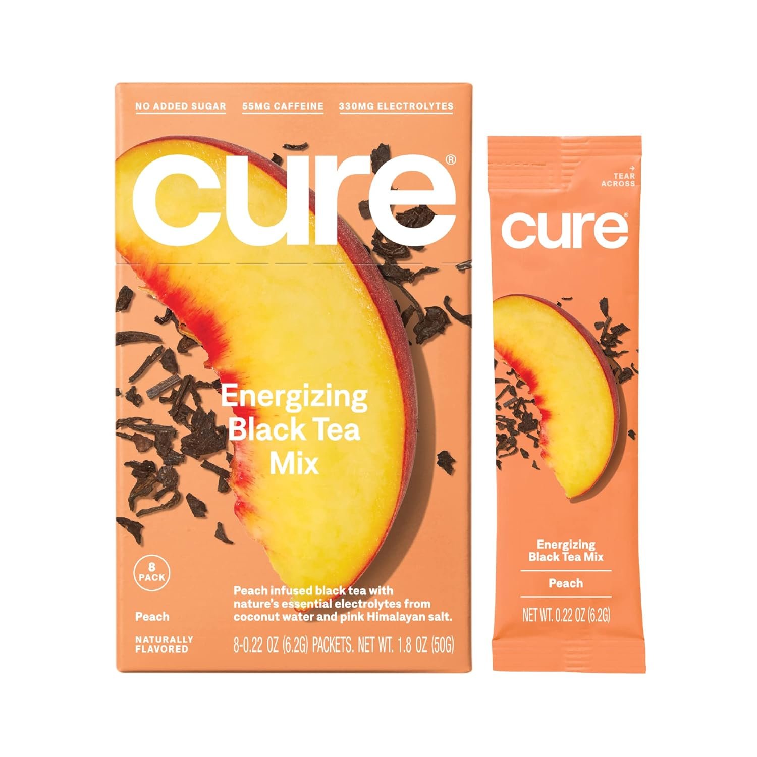 Cure Peach Tea Energizing Hydration Mix | Plant Based Electrolytes and Caffeine Mix | Dehydration Aid | Made with Coconut Water | No Added Sugar | Vegan | Non-GMO| Box of 8 Energy Packets - Peach Tea