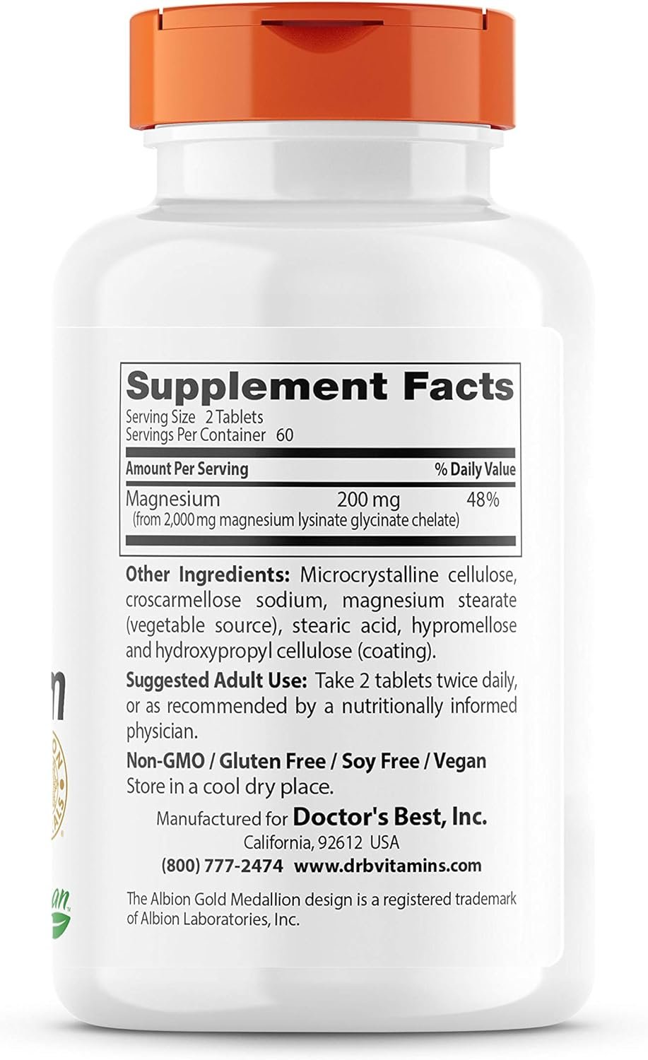 Doctors Best High Absorption Magnesium Glycinate Lysinate, 100% Chelated, TRACCS, Not Buffered, Non-GMO, Vegan, Gluten  Soy Free, 100 mg, 120 Tablets (Packaging May Vary)