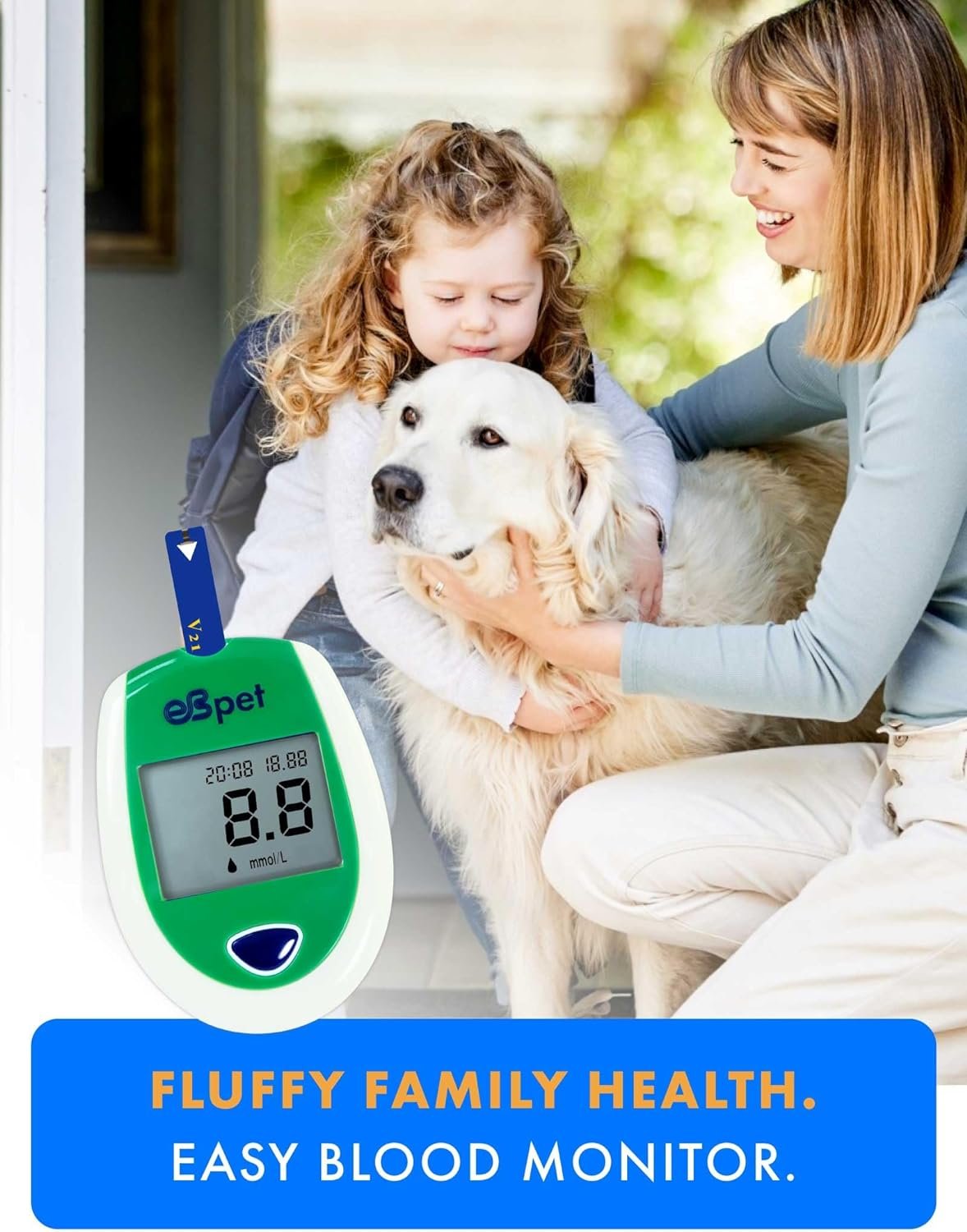 eBmonitor eBpet Blood Glucose Monitor System - Dogs and Cats Glucose Monitoring Kit 25 Blood Glucose Test Strips Lancing Device, Battery, and Carrying Case, Animal Care, Easy Switch between dogs and cats