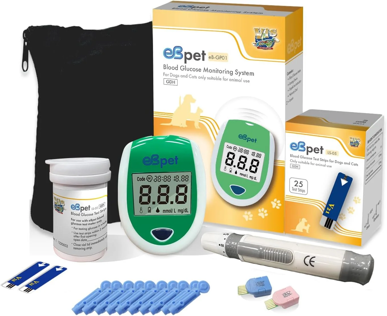 eBmonitor eBpet Blood Glucose Monitor System - Dogs and Cats Glucose Monitoring Kit 25 Blood Glucose Test Strips Lancing Device, Battery, and Carrying Case, Animal Care, Easy Switch between dogs and cats