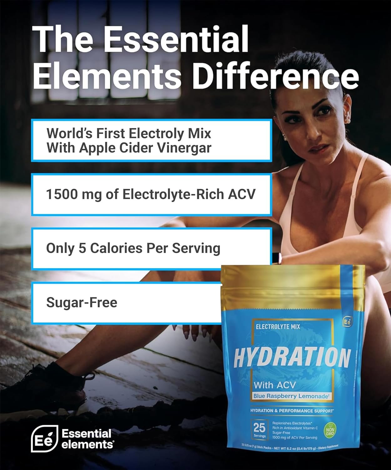 Essential Elements Hydration Packets - Blue Raspberry Pack - Sugar Free Electrolytes Powder Packets - 25 Stick Packs of Electrolytes Powder No Sugar - Hydration Drink - with ACV  Vitamin C
