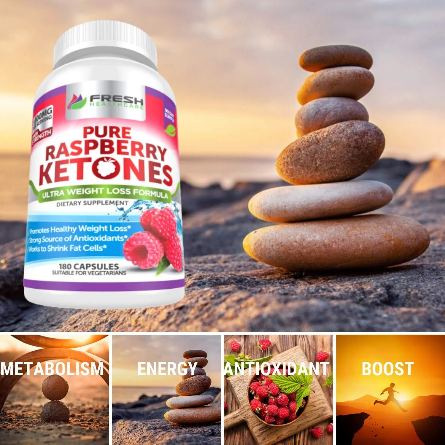 FRESH HEALTHCARE Pure 100% Raspberry Ketones Max 1000mg Per Serving - 3 Month Supply Non GMO - Advanced Weight Loss Support - 180 Capsules FRESH HEALTHCARE Pure 100% Raspberry Ketones Max 1000mg Per Serving - 3 Month Supply Non GMO - Advanced Weight Loss Support - 180 Capsules