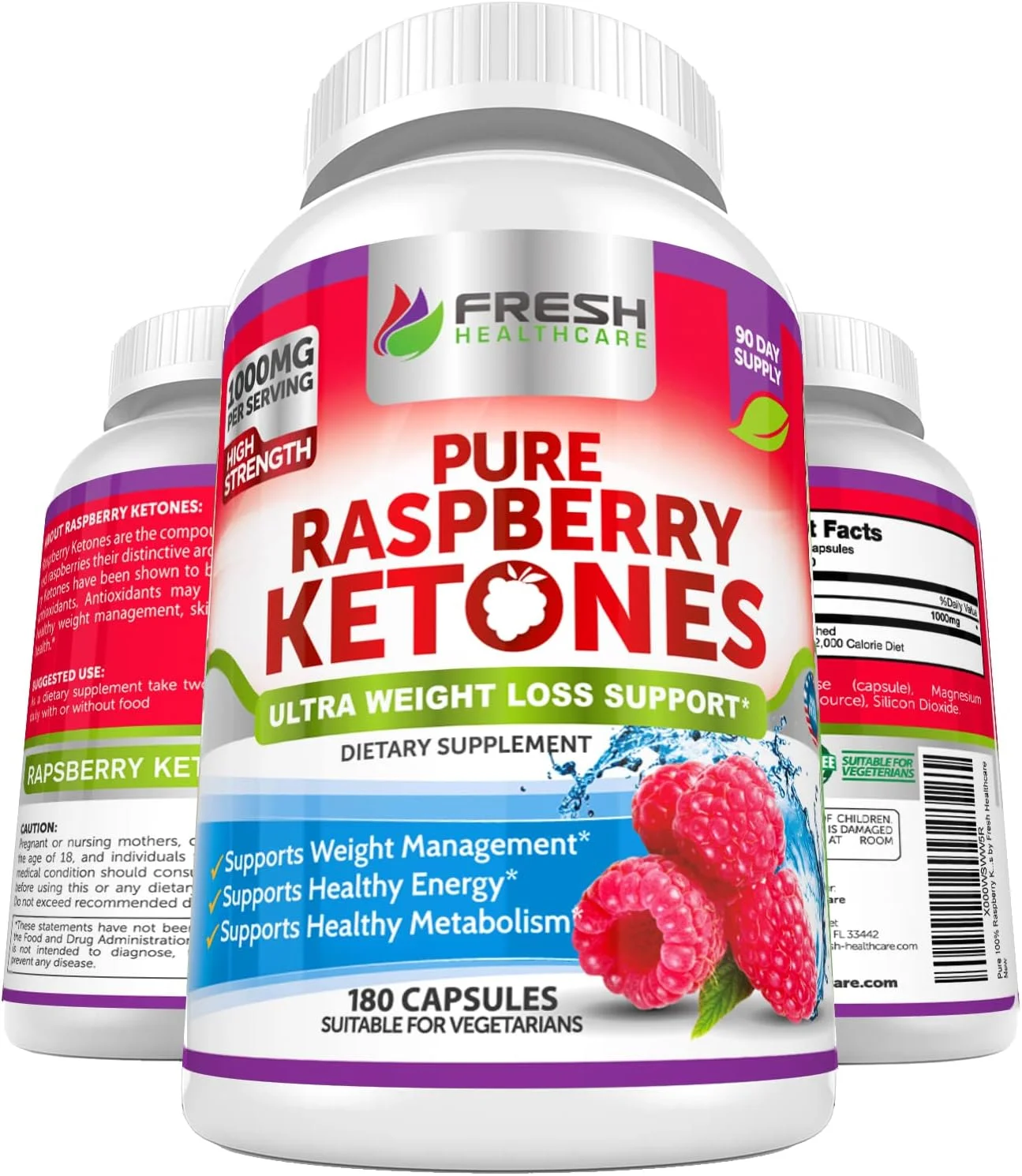 FRESH HEALTHCARE Pure 100% Raspberry Ketones Max 1000mg Per Serving - 3 Month Supply Non GMO - Advanced Weight Loss Support - 180 Capsules FRESH HEALTHCARE Pure 100% Raspberry Ketones Max 1000mg Per Serving - 3 Month Supply Non GMO - Advanced Weight Loss Support - 180 Capsules