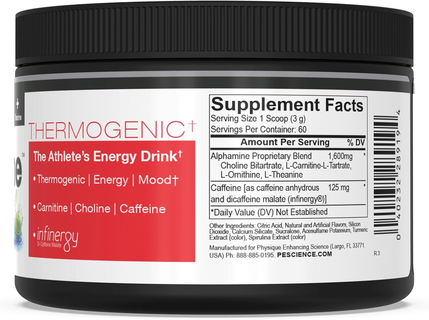 PEScience Alphamine, Sour Green Apple, 60 Scoops, Thermogenic Energy Powder with L-Carnitine