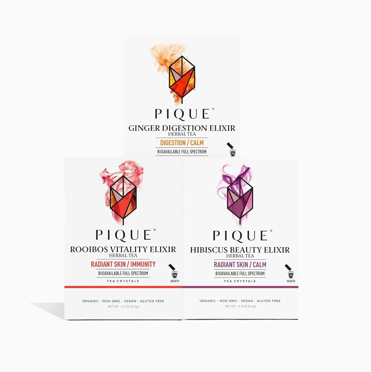 Pique Tea Organic Green Tea Crystals Sampler - Immune Support, Gut Health, Fasting - 42 Single Serve Sticks (Pack of 3)