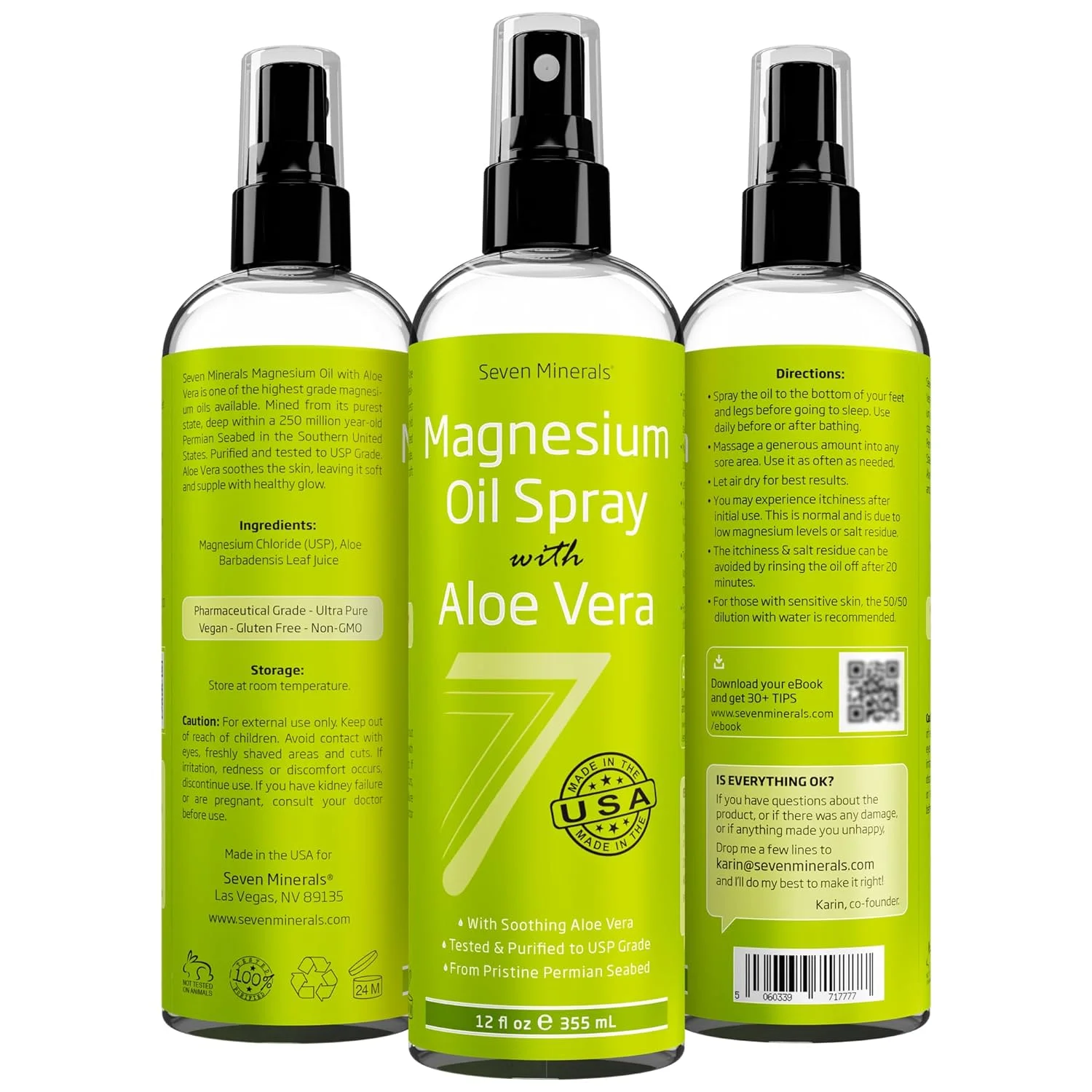 Seven Minerals, Magnesium Oil Spray with Aloe Vera - Less Itchy - Use as Magnesium Spray Deodorant - Made in USA - Get Healthy Hair  Skin and Sleep Better - Free eBook Included (Big 12 oz)