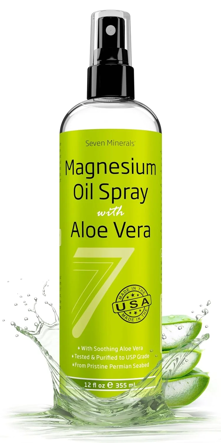 Seven Minerals, Magnesium Oil Spray with Aloe Vera - Less Itchy - Use as Magnesium Spray Deodorant - Made in USA - Get Healthy Hair  Skin and Sleep Better - Free eBook Included (Big 12 oz)