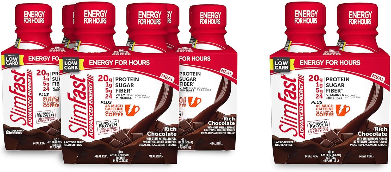 SlimFast Advanced Energy Rich Chocolate Shake – Ready to Drink Meal Replacement – 20g of Protein – 11 fl oz Bottle – 16 Count Bundle - Pantry Friendly SlimFast Advanced Energy Rich Chocolate Shake – Ready to Drink Meal Replacement – 20g of Protein – 11 fl oz Bottle – 16 Count Bundle - Pantry Friendly