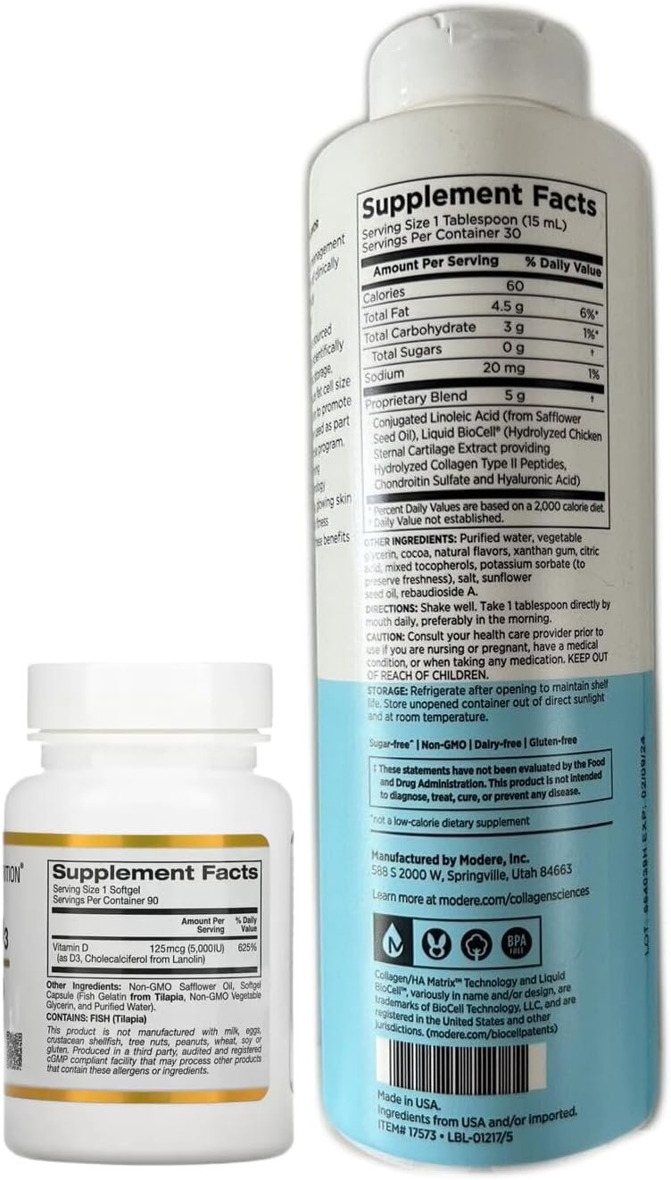 Trim Chocolate Collagen 15.2 FL OZ with D3 Vitamins Combo, Liquid Collagen with CLA Moderately Improves Collagen Levels and Promotes Youthful Looking Skin, Hair and Nails. 1 Scoop Included
