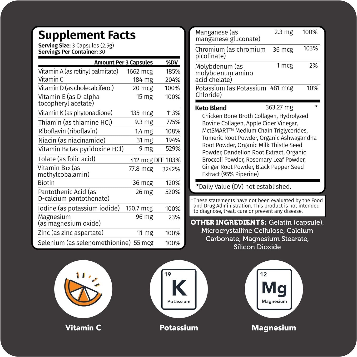 Vitamin Bounty Keto Multivitamin - Keto Vitamins, Keto Multivitamin Women and Men, Electrolytes with Vitamin C, Magnesium, Collagen, Potassium, MCT, Energy Support (Burn On Keto) 60 caps
