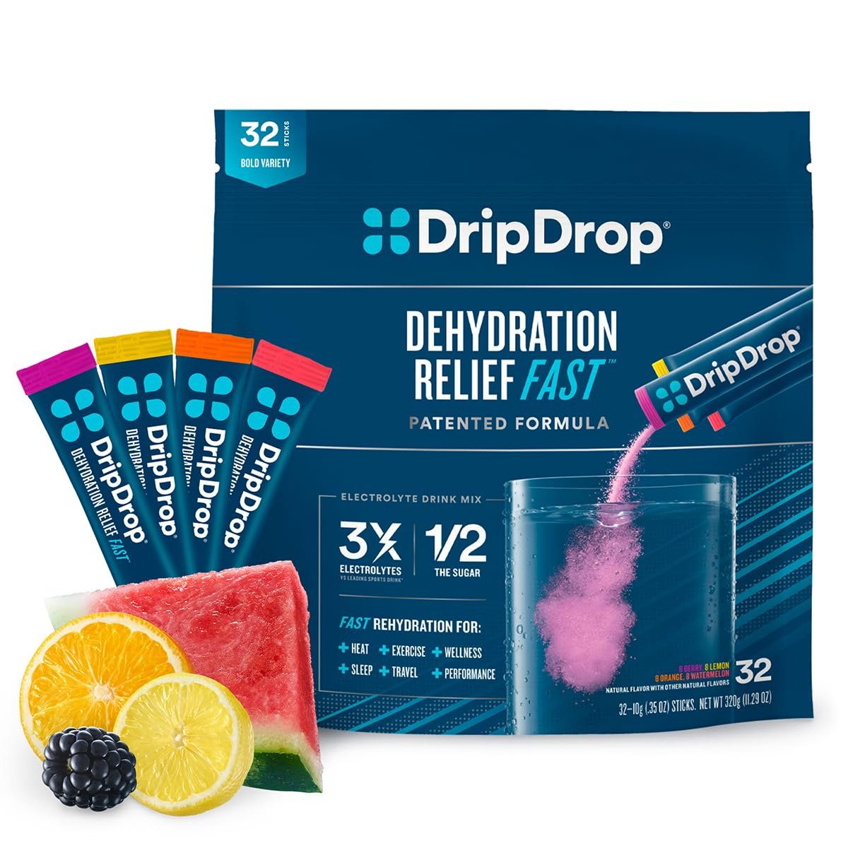 DripDrop Hydration - Electrolyte Powder Packets - Watermelon, Berry, Orange, Lemon - 16 Count