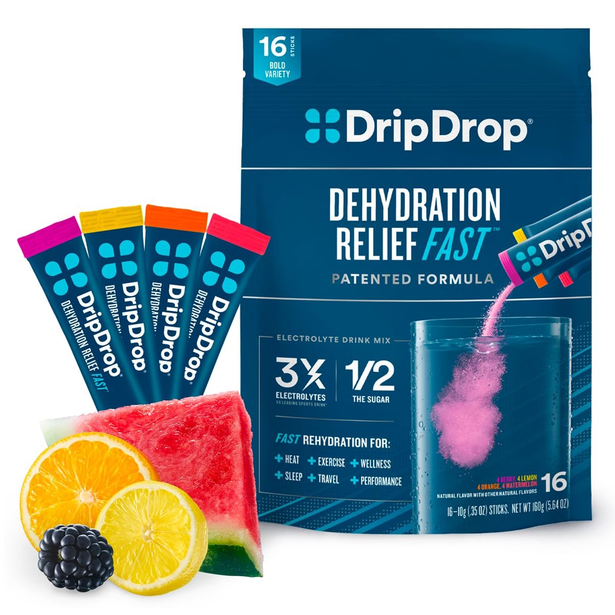 DripDrop Hydration - Electrolyte Powder Packets - Watermelon, Berry, Orange, Lemon - 16 Count