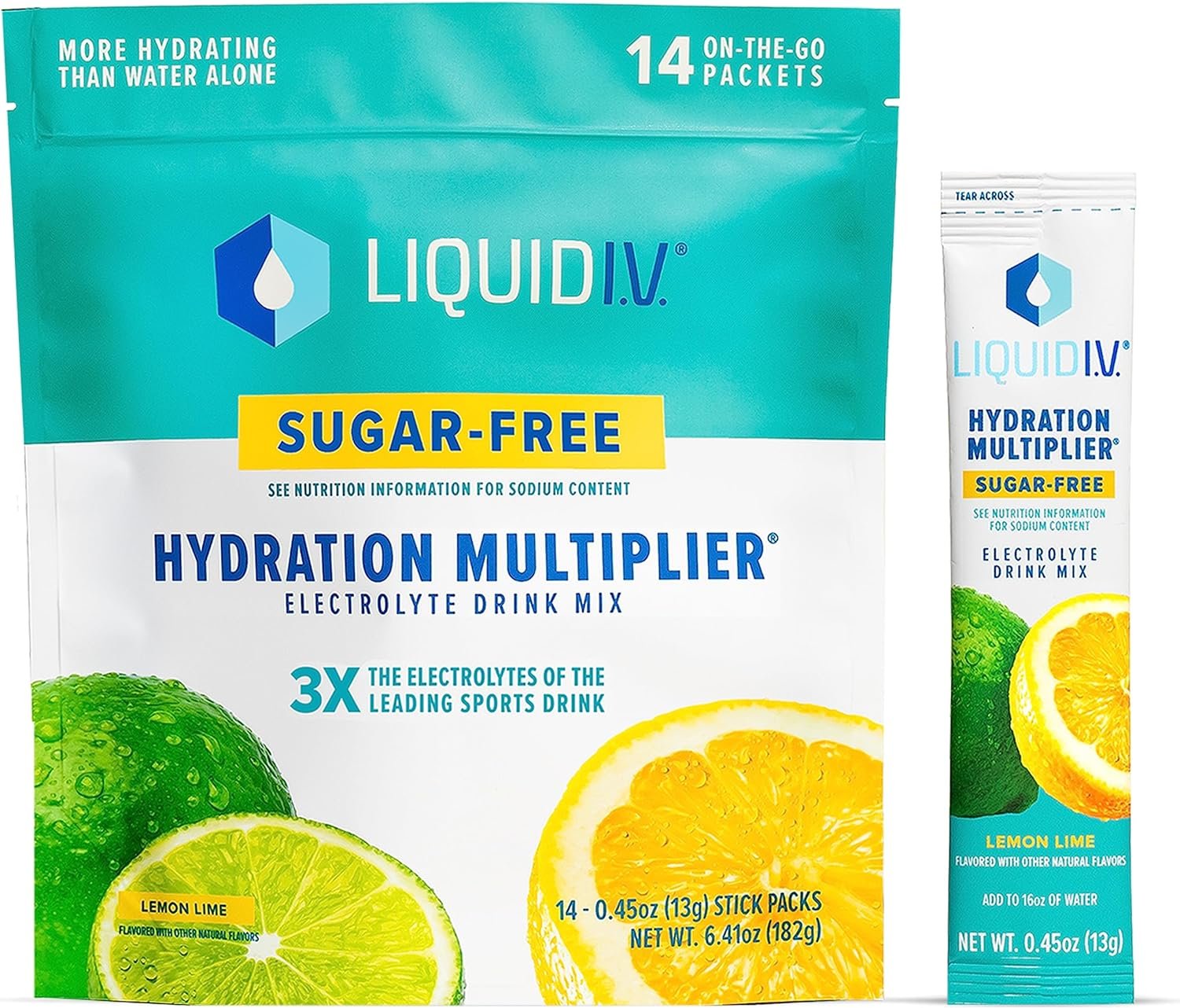 Liquid I.V. Sugar-Free Hydration Multiplier - Lemon Lime – Hydration Powder Packets | Electrolyte Powder Drink Mix | Easy Open Single-Serving Sticks | Non-GMO | 1 Pack (14 Servings)