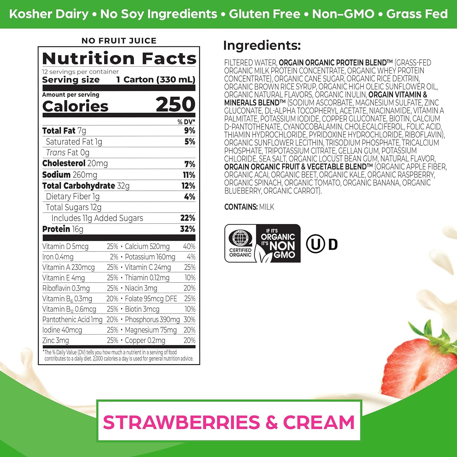 Orgain Clean Protein Shake, Grass Fed Dairy, Vanilla Bean (Pack of 12) and Orgain Organic Nutritional Protein Shake, Strawberries  Cream (Pack of 12)