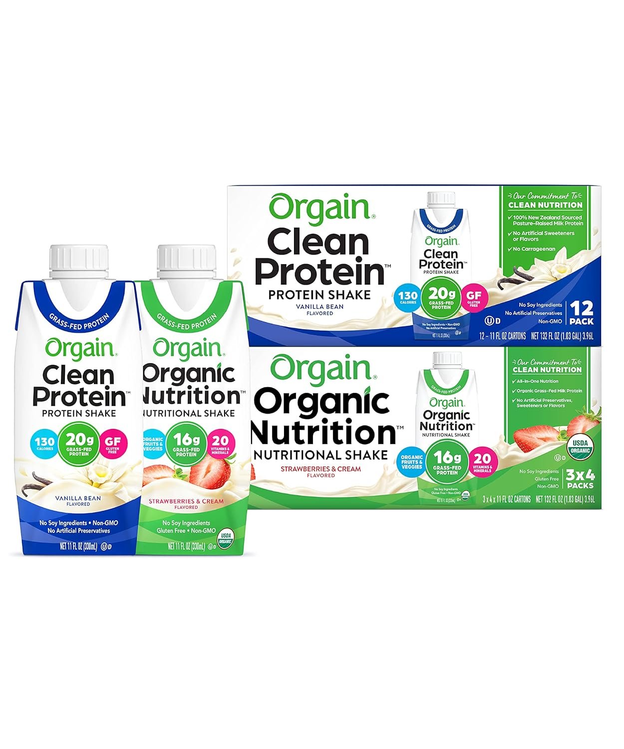 Orgain Clean Protein Shake, Grass Fed Dairy, Vanilla Bean (Pack of 12) and Orgain Organic Nutritional Protein Shake, Strawberries  Cream (Pack of 12)