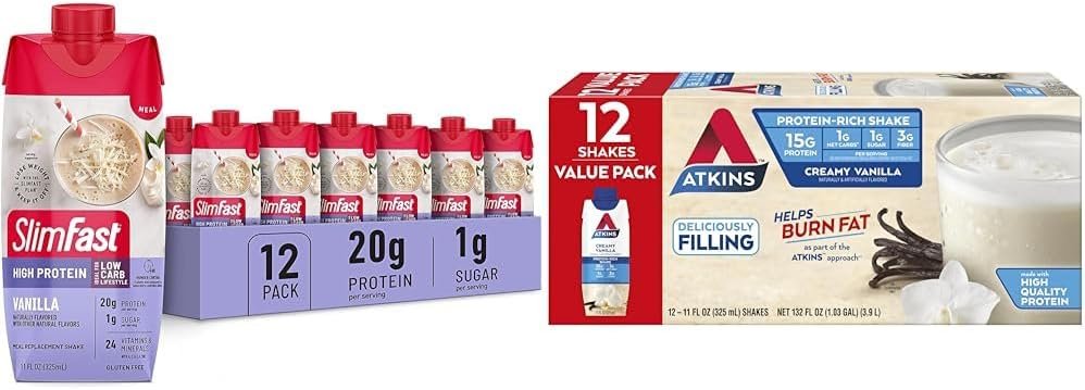 SlimFast Protein Shake, Vanilla- 20g Protein, Meal Replacement Shake Ready to Drink  Atkins Creamy Vanilla Protein Shake, 15g Protein, Low Glycemic, 2g Net Carb, 1g Sugar, Keto Friendly