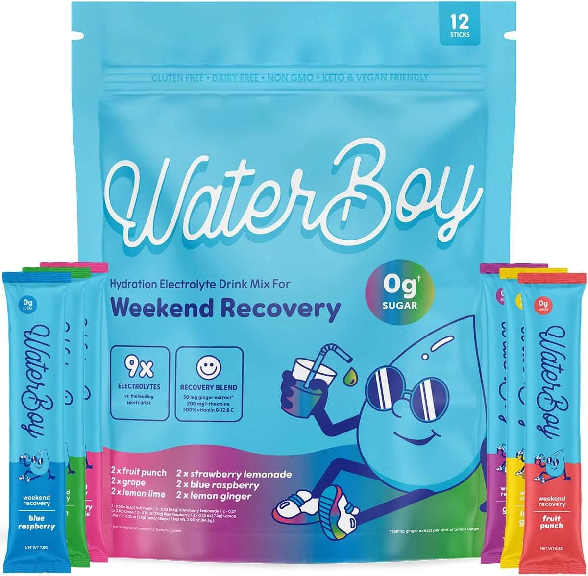 Waterboy Weekend Recovery Sample Pack | 3,200mg Electrolyte Powder Packets | Ginger + L-Theanine + Vitamins | No Sugar, All Natural, Gluten Free | 12 Drink Stick Mixes (Sample Pack) Waterboy Weekend Recovery Sample Pack | 3,200mg Electrolyte Powder Packets | Ginger + L-Theanine + Vitamins | No Sugar, All Natural, Gluten Free | 12 Drink Stick Mixes (Sample Pack)