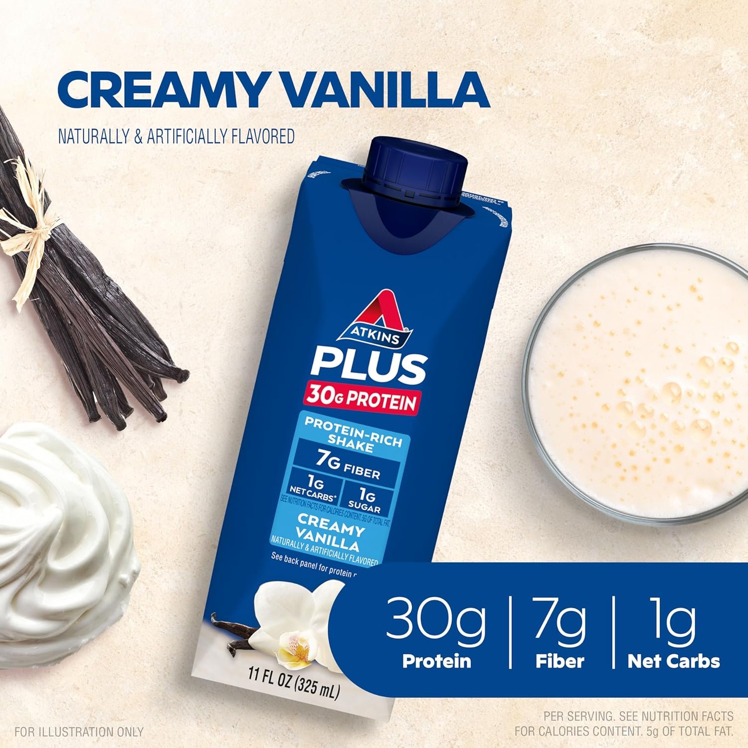 Atkins Creamy Vanilla Plus Protein Shake, 30g Protein, 7g Fiber, 1g Net Carb, 1g Sugar Vanilla Cream Meal Size Protein Shake, 23g Protein, Low Glycemic, 3g Carb, 1g Sugar Atkins Creamy Vanilla Plus Protein Shake, 30g Protein, 7g Fiber, 1g Net Carb, 1g Sugar Vanilla Cream Meal Size Protein Shake, 23g Protein, Low Glycemic, 3g Carb, 1g Sugar