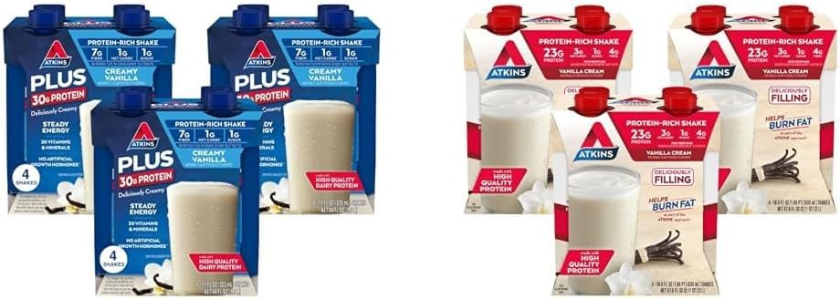 Atkins Creamy Vanilla Plus Protein Shake, 30g Protein, 7g Fiber, 1g Net Carb, 1g Sugar Vanilla Cream Meal Size Protein Shake, 23g Protein, Low Glycemic, 3g Carb, 1g Sugar Atkins Creamy Vanilla Plus Protein Shake, 30g Protein, 7g Fiber, 1g Net Carb, 1g Sugar Vanilla Cream Meal Size Protein Shake, 23g Protein, Low Glycemic, 3g Carb, 1g Sugar