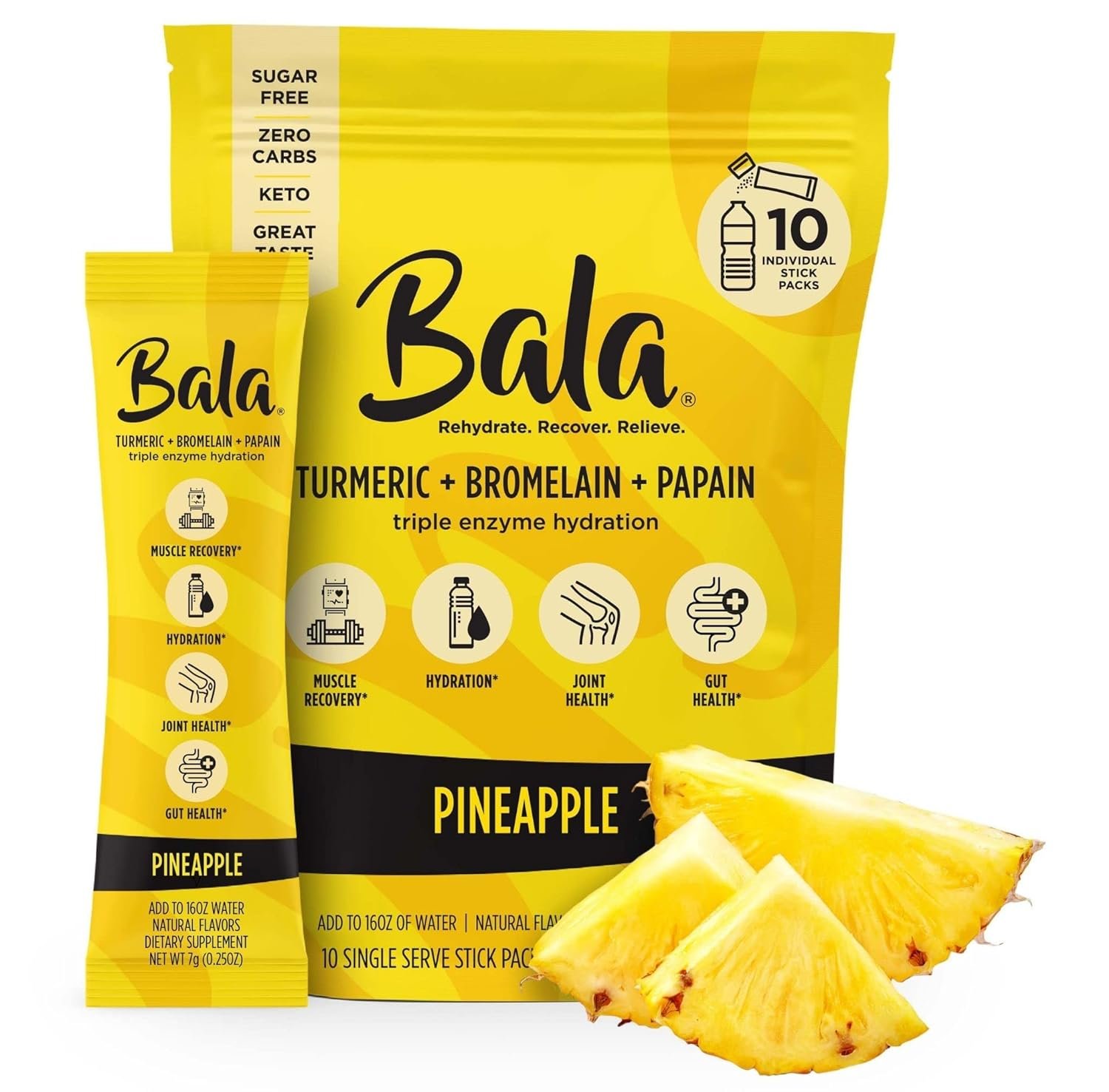 BALA Hydration Turmeric Drink Mix Packet | Sugar-Free Electrolyte Powder, Muscle Recovery, Immune Support, Joint Relief | Plant-Based Enzymes, Bromelain - Variety (12 Pack)