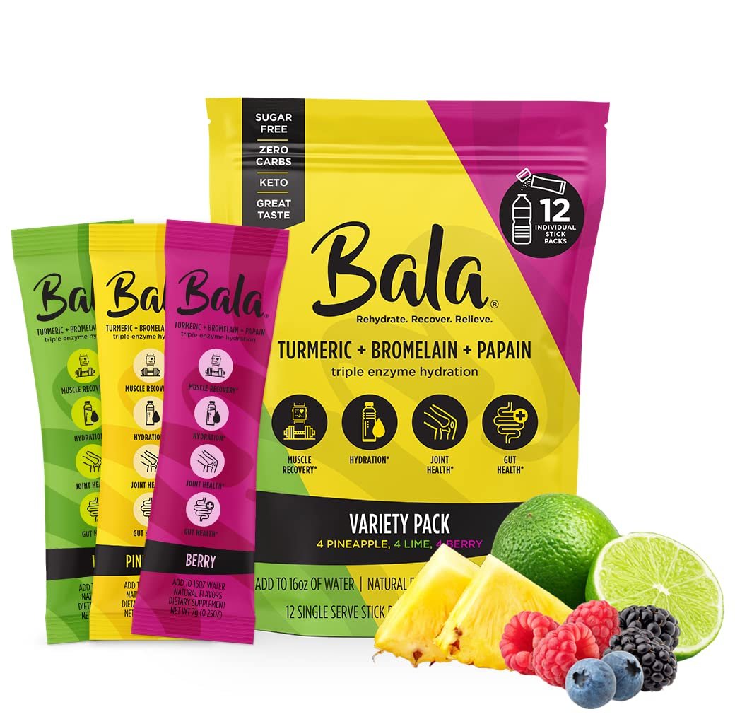 BALA Hydration Turmeric Drink Mix Packet | Sugar-Free Electrolyte Powder, Muscle Recovery, Immune Support, Joint Relief | Plant-Based Enzymes, Bromelain - Variety (12 Pack)