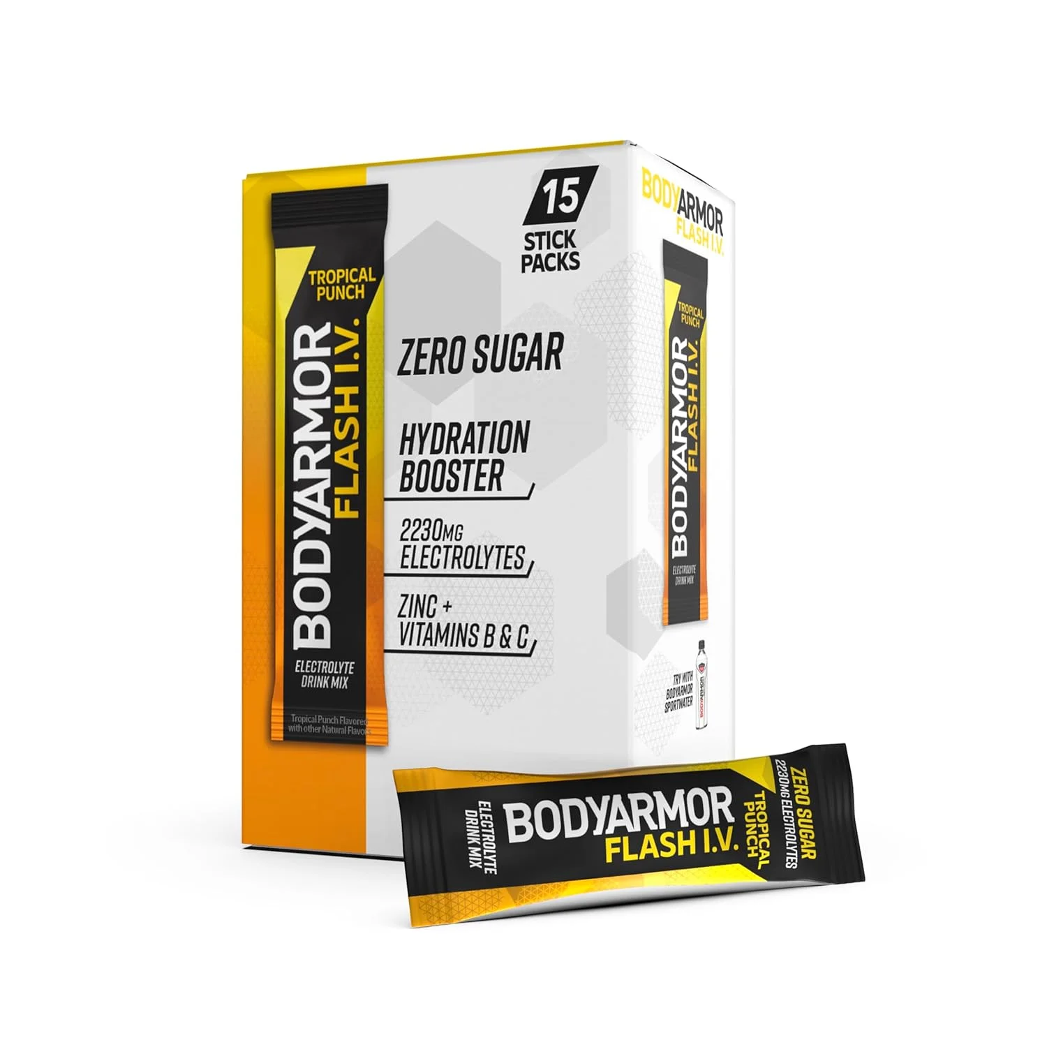 BODYARMOR Flash IV Electrolyte Packets, Tropical Punch - Zero Sugar Drink Mix, Single Serve Packs, Coconut Water Powder, Hydration for Workout, Travel Essentials, Just Add Sticks to Liquid (6 Count)