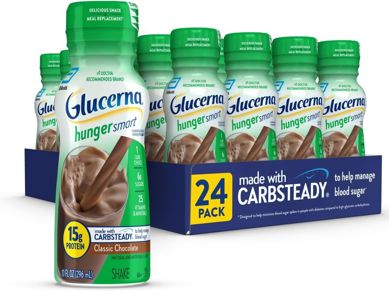 Glucerna Hunger Smart Shake  Nutritional Shake, Diabetic Drink to Support Blood Sugar Management, 10g Protein, 180 Calories, Rich Chocolate, 8-fl-oz Bottle, 24 Count