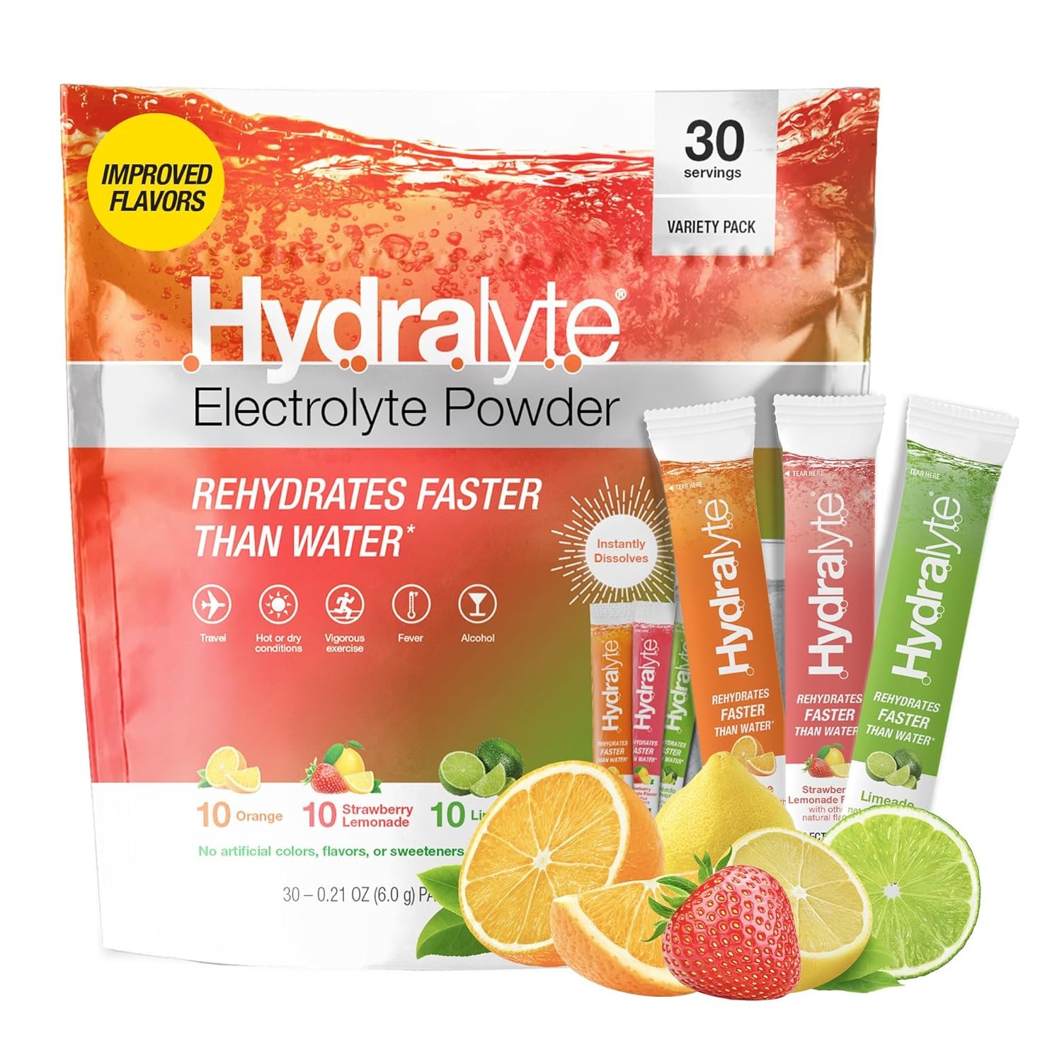 Hydralyte Low Sugar Rapid Rehydration - Lightly Sparkling Electrolyte Powder Packets, 8 oz Serve | Variety Hydration Packets | Hydration for Heat, Travel, Exercise and Bachelorette Parties (30 Count)
