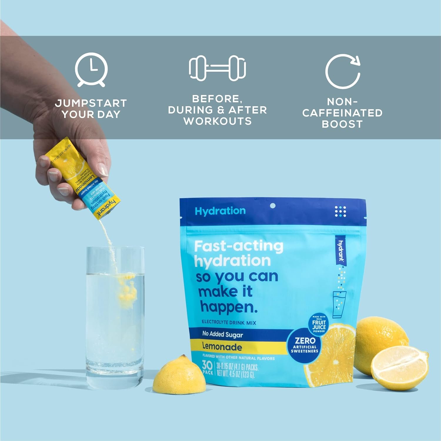 Hydrant Hydrate No Added Sugar, Individual Hydration Electrolye Powder Stick Packets with Zero Sugar and FSA  HSA Eligibility (Lemonade, 30 Count)