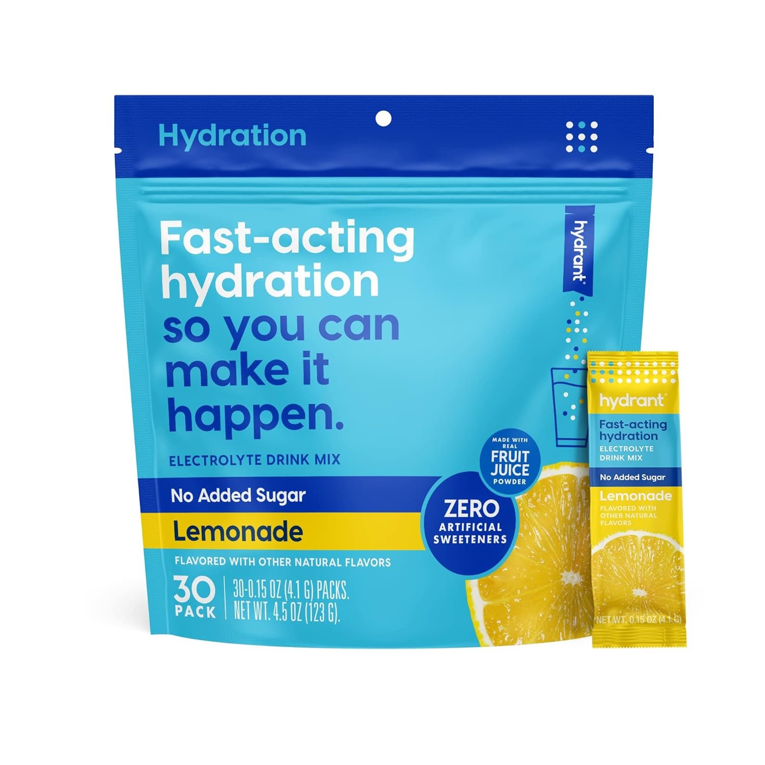 Hydrant Hydrate No Added Sugar, Individual Hydration Electrolye Powder Stick Packets with Zero Sugar and FSA  HSA Eligibility (Lemonade, 30 Count)