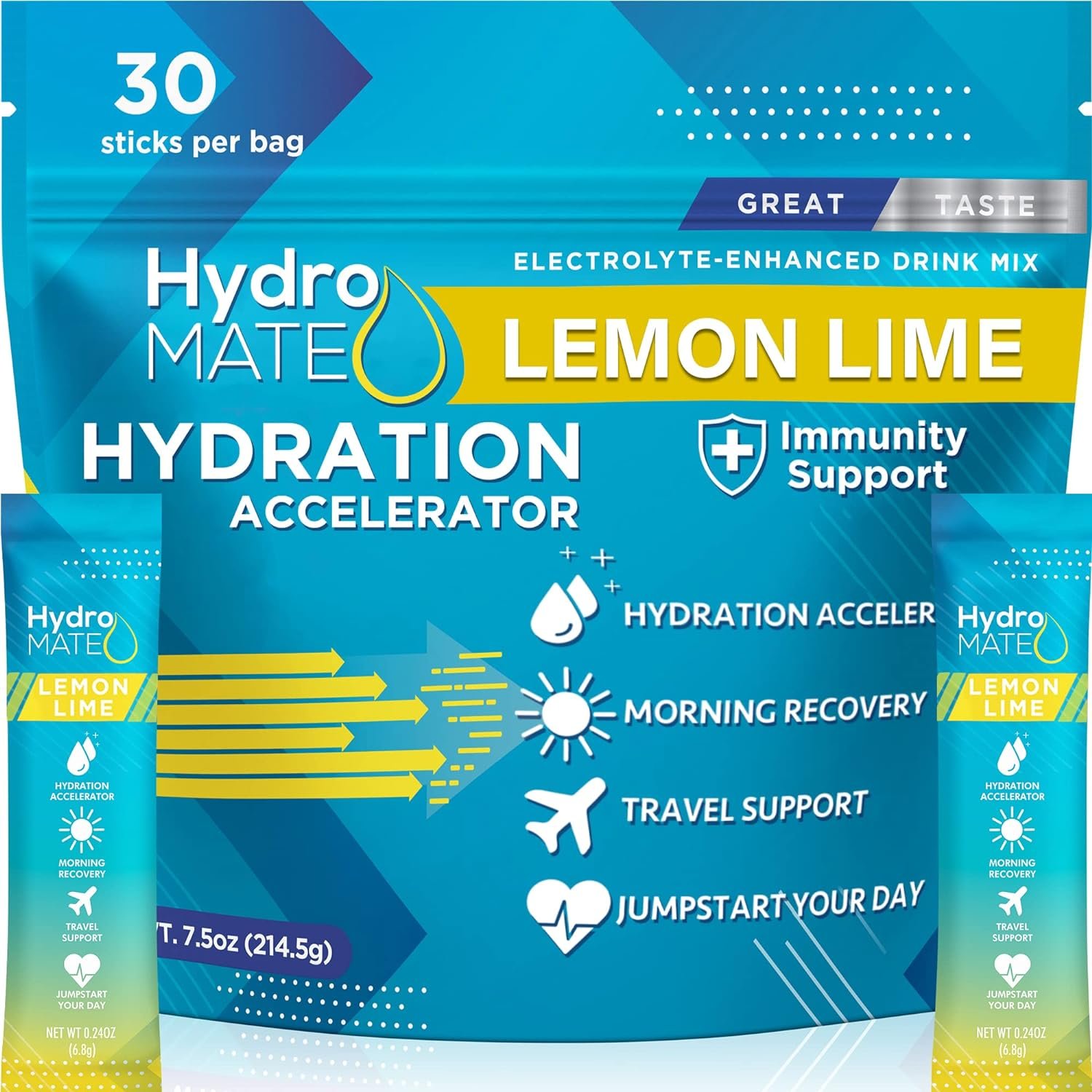 HydroMATE Electrolytes Powder Packets Lemon Low Sugar Hydration Accelerator Electrolyte Drink Mix Party Favors for Fast Liquid Dehydration Relief with Vitamin C 30 Count HydroMATE Electrolytes Powder Packets Lemon Low Sugar Hydration Accelerator Electrolyte Drink Mix Party Favors for Fast Liquid Dehydration Relief with Vitamin C 30 Count