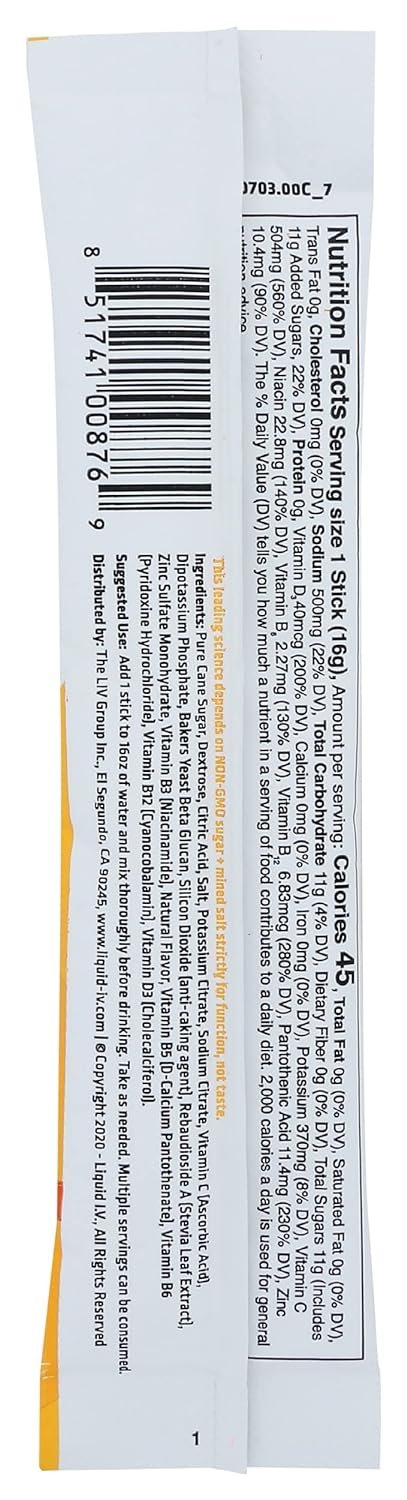 Liquid I.V.® Hydration Multiplier® +Immune Support - Tangerine - Hydration Powder Packets | Electrolyte Powder Drink Mix | Convenient Single-Serving Sticks | Non-GMO |1 Pack (14 Servings)