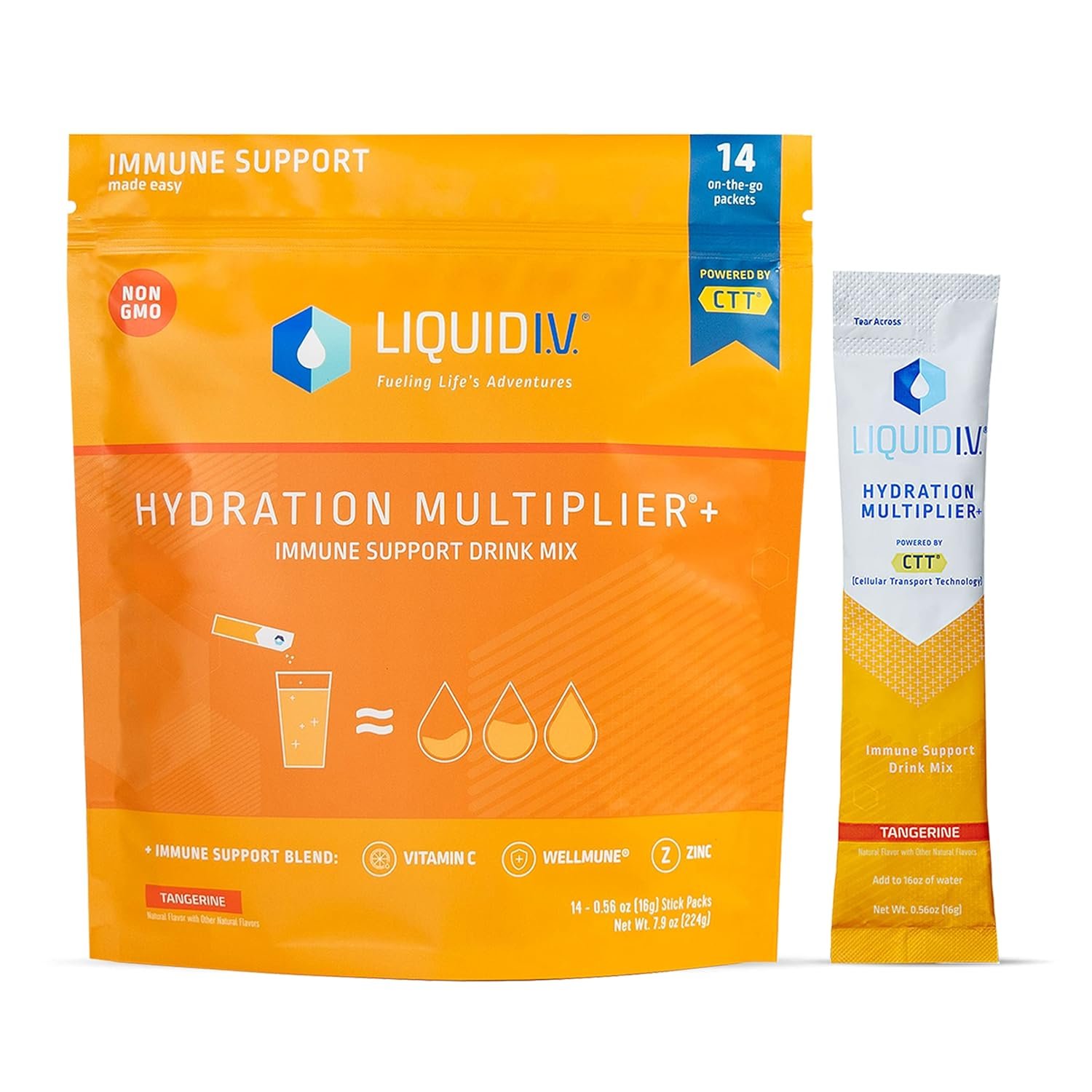 Liquid I.V.® Hydration Multiplier® +Immune Support - Tangerine - Hydration Powder Packets | Electrolyte Powder Drink Mix | Convenient Single-Serving Sticks | Non-GMO |1 Pack (14 Servings)