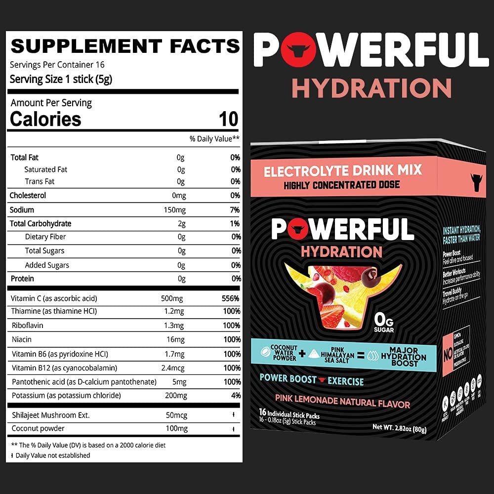 Powerful Nutrition Hydration, Pink Lemonade, 16 Count, Electrolyte Powder Drink Mix, Exercise, Travel  Dehydration Support with Vitamin C and Vitamin B Complex