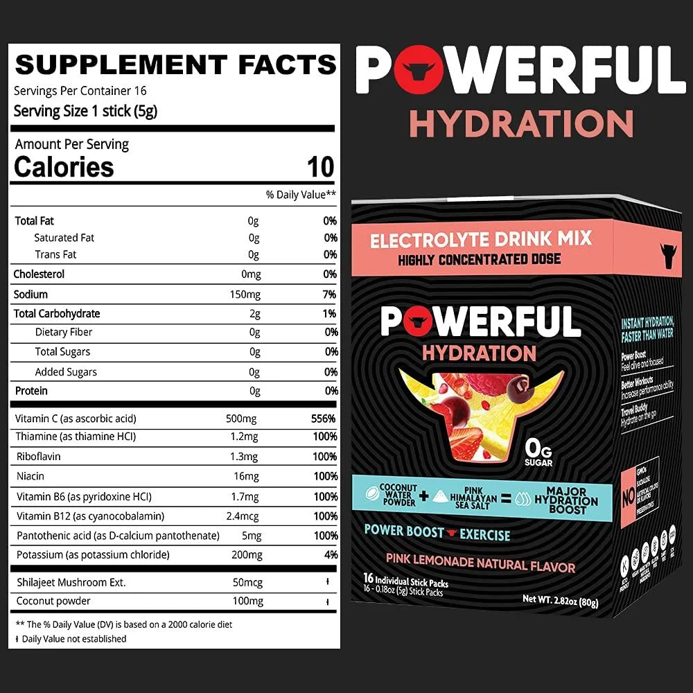 Powerful Nutrition Hydration, Pink Lemonade, 16 Count, Electrolyte Powder Drink Mix, Exercise, Travel  Dehydration Support with Vitamin C and Vitamin B Complex