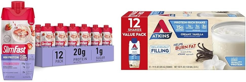 SlimFast Protein Shake, Strawberry- 20g Protein, Meal Replacement Shake Ready  Atkins Creamy Vanilla Protein Shake, 15g Protein, Low Glycemic, 2g Net Carb, 1g Sugar