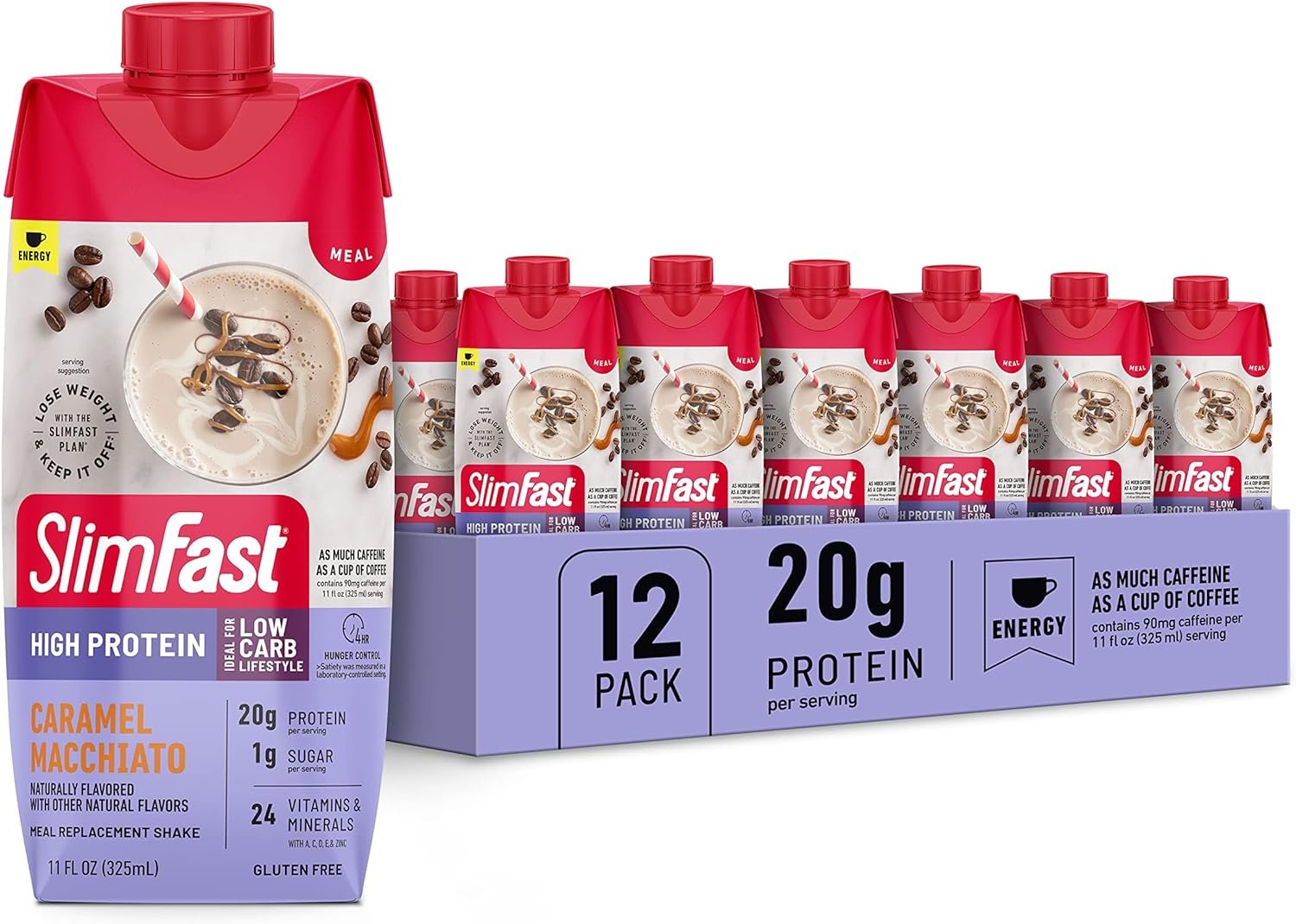 SlimFast Protein Shake with Caffeine, Caramel Macchiato- 20g Protein, Meal Replacemen  Hydration Packets, SlimFast Intermittent Fasting Electrolytes, Energy Powder Drink Mix
