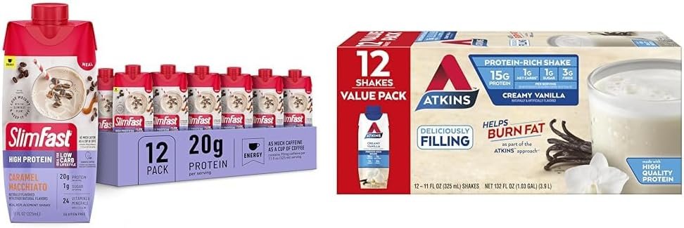 SlimFast Protein Shake with Caffeine, Caramel Macchiato- 20g Protein, Meal Replacement Shakes  Atkins Creamy Vanilla Protein Shake, 15g Protein, Low Glycemic, 2g Net Carb, 1g Sugar, Keto Friendly